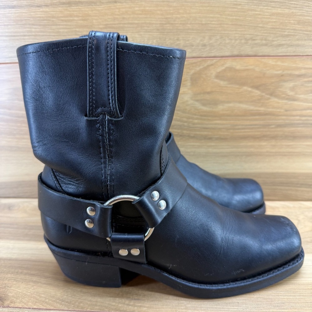 FRYE Harness Short Boots Womens 6.5 M Black Square Toe Leather Biker USA Made